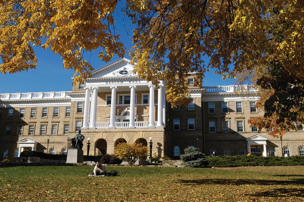 Bascom Hall is framed by a view of tree shadows and foliage changing colors on Bascom Hill during autumn. ©UW-Madison University Communications 608/262-0067 Photo by: Jeff Miller Date: 11/05 File#: D100 digital camera frame 19799